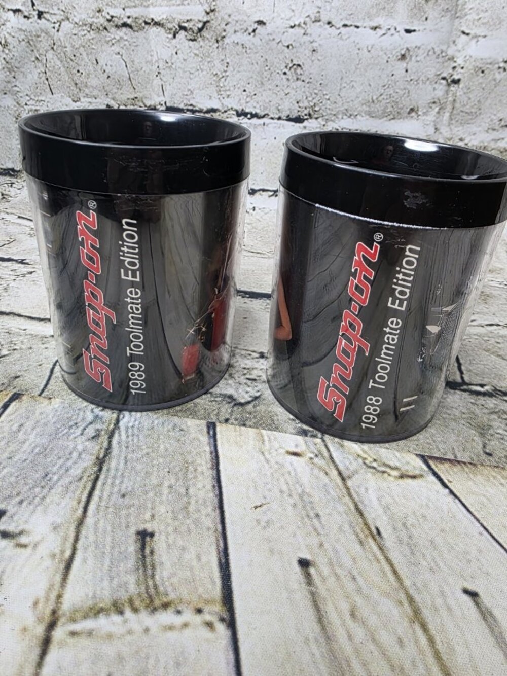 2 SNAP ON TOOLS Plastic Thermo Serv Coffee Mug 1988 1989 Toolmate Edition Vtg